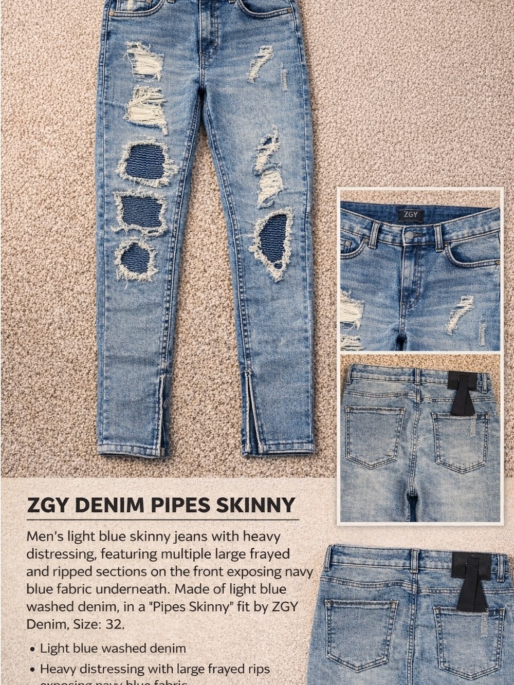 ZGY Light Blue Distressed Skinny Jeans - Men